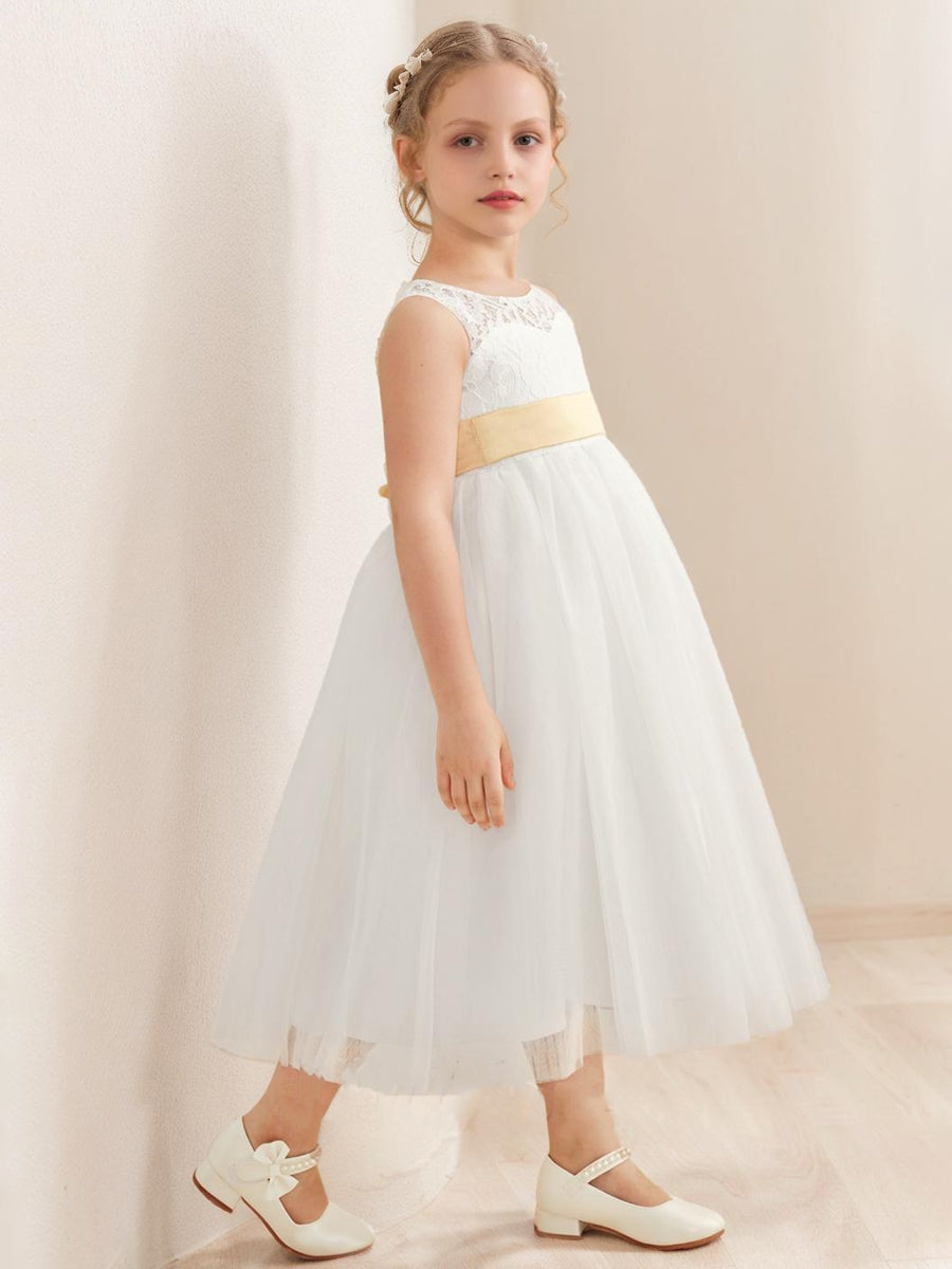 A-Line/Princess Scoop Tea-Length Sleeveless Tulle Flower Girl Dresses With Sash