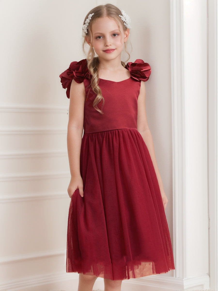 A-Line/Princess V-Neck Tea-Length Sleeveless 3D Floral Flower Girl Dresses With Bow