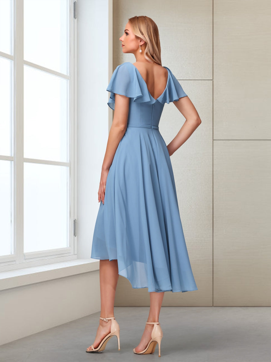 A-Line V-Neck Short Sleeves Asymmetrical ChiffonMother of the Bride Dresses With Pockets