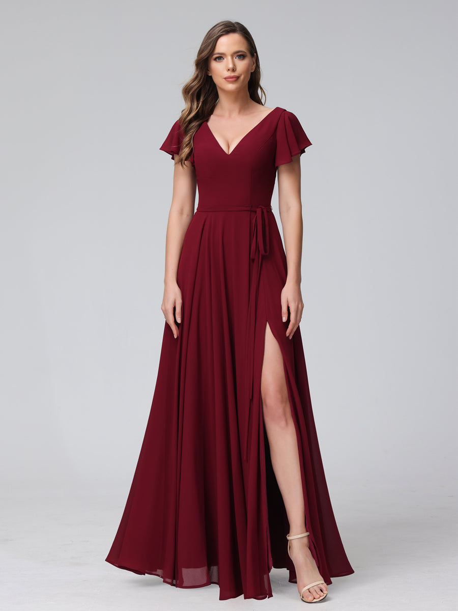 A-Line V-Neck Ruffles Short Sleeves Long Chiffon Dresses With Split Side & Pockets