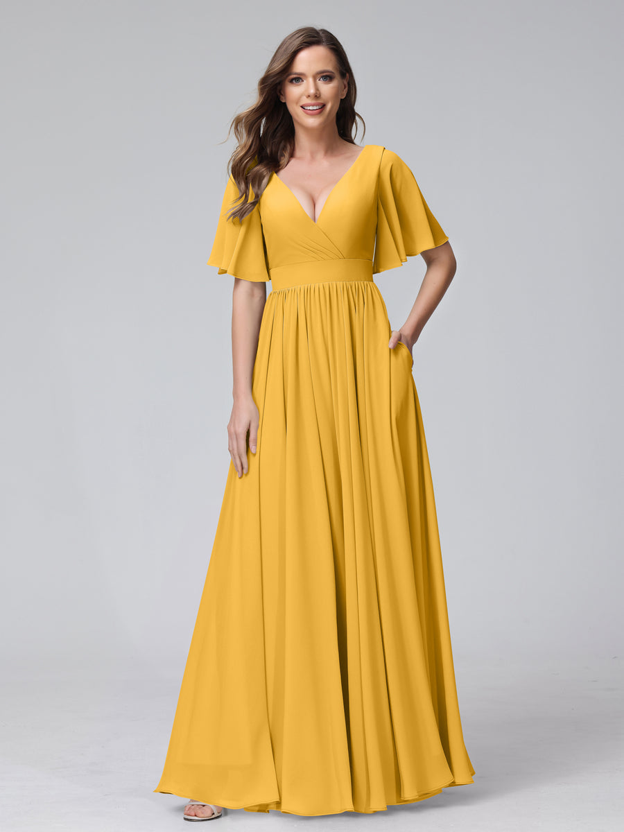 A-Line V-Neck Half Sleeves Long Chiffon Bridesmaid Dresses with Ruffles Split Side Pockets