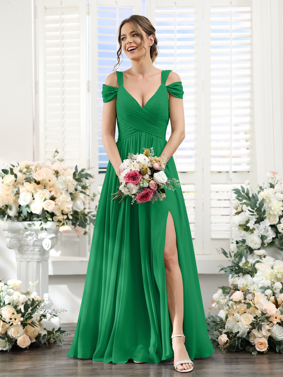 A-Line V-Neck Split Side Ruched Floor-Length Chiffon Bridesmaid Dresses