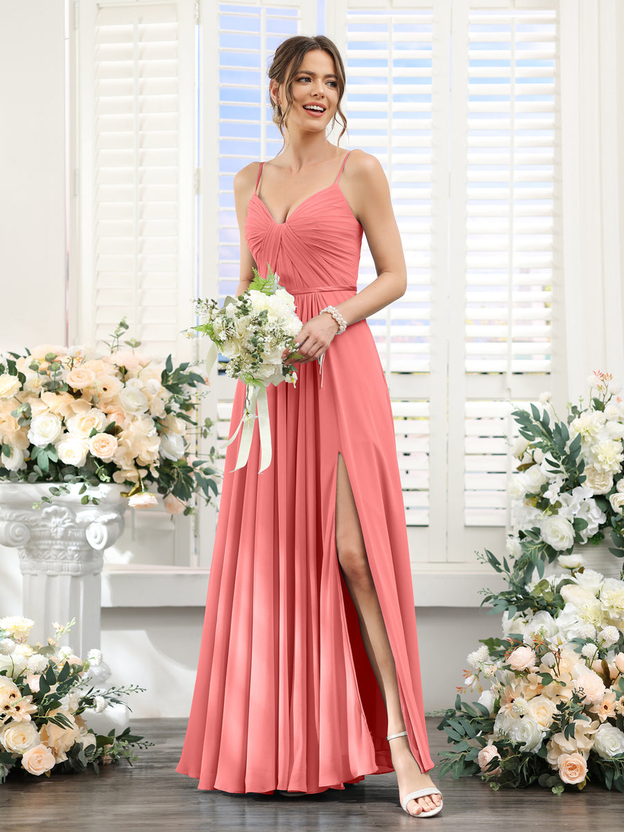 A-Line Ruched V-Neck Spaghetti Straps Split Side Floor-Length Chiffon Bridesmaid Dresses