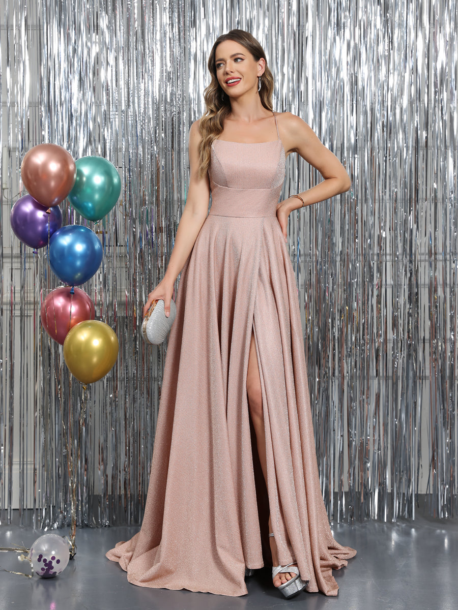 A-Line Sleeveless Metallic Lurex Long Formal Dresses with Spaghetti Straps