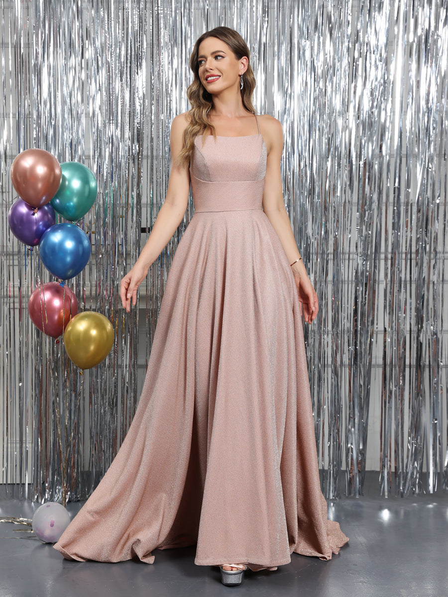 A-Line Sleeveless Metallic Lurex Long Formal Dresses with Spaghetti Straps