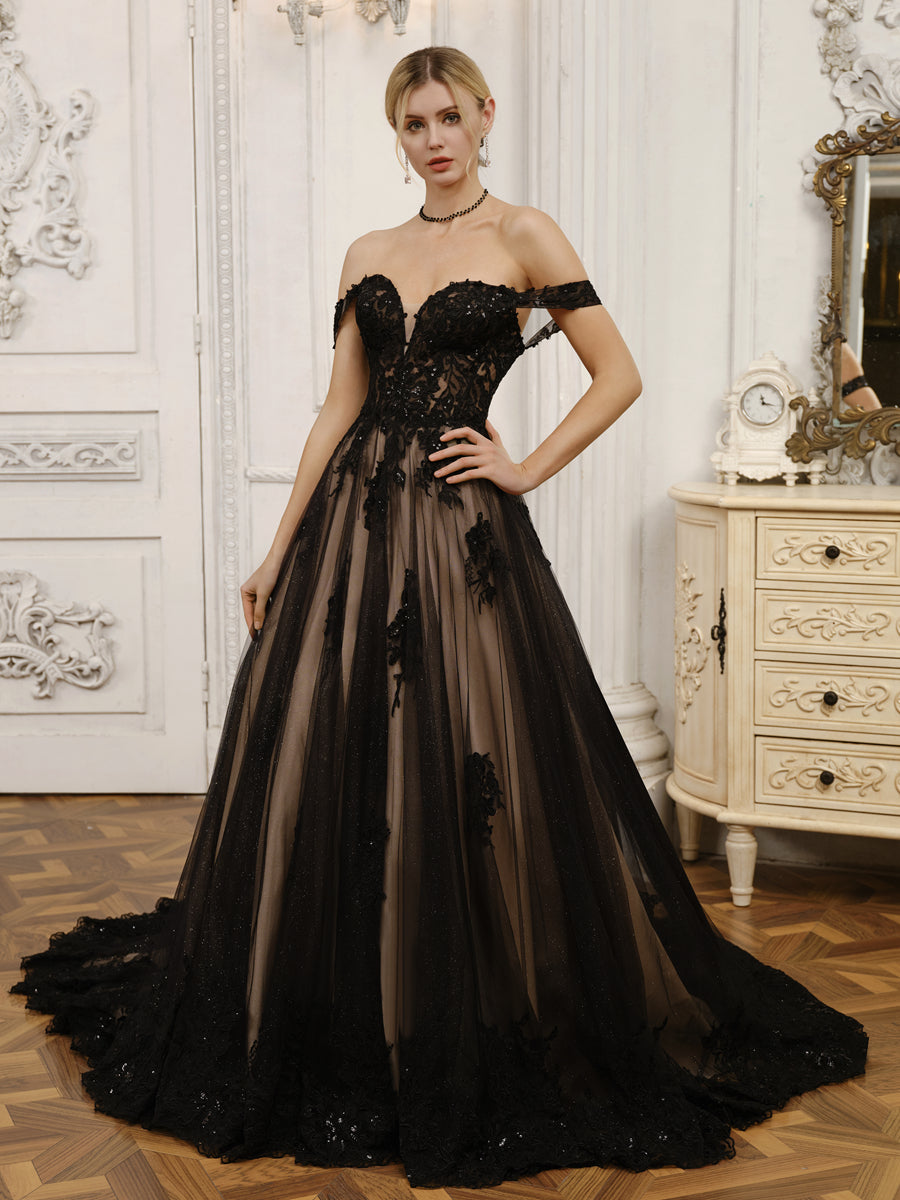 Off-the-Shoulder Tulle Ball Gown Wedding Dresses with Beading & Appliques