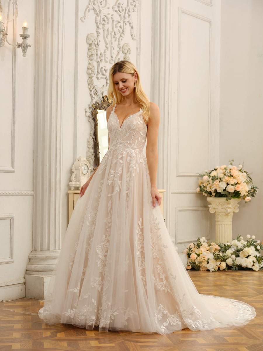 A-Line/Princess Spaghetti Straps Sleeveless Long Wedding Dresses with Appliques