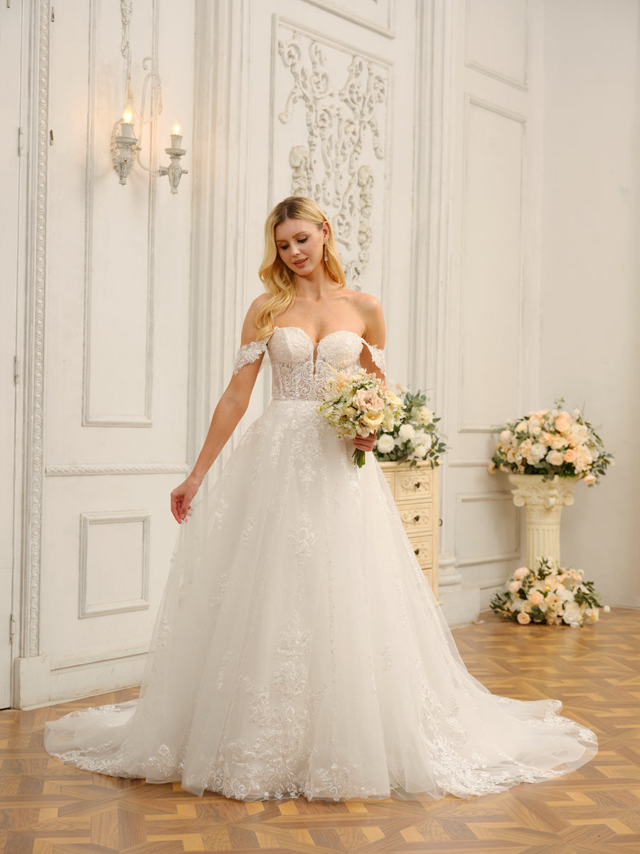 Off-the-Shoulder Sleeveless Long Tulle Wedding Dresses with Appliques