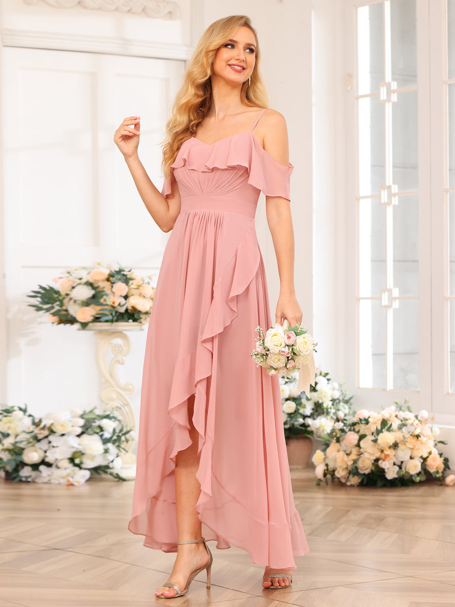 A-Line/Princess Spaghetti Straps Long Wedding Party Dresses with Ruffles
