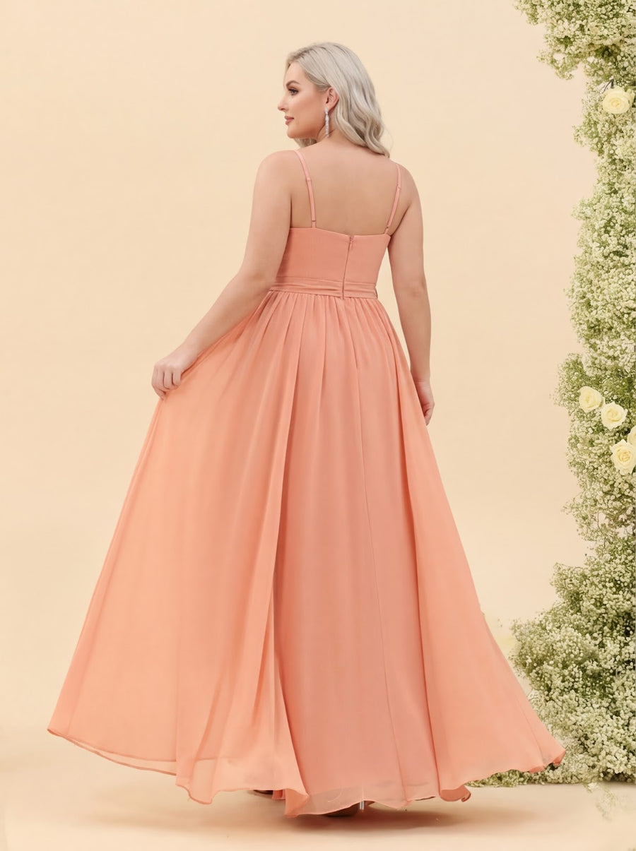 A-Line/Princess Spaghetti Straps V-Neck Long Plus Size Bridesmaid Dresses with Split Side & Ruffles
