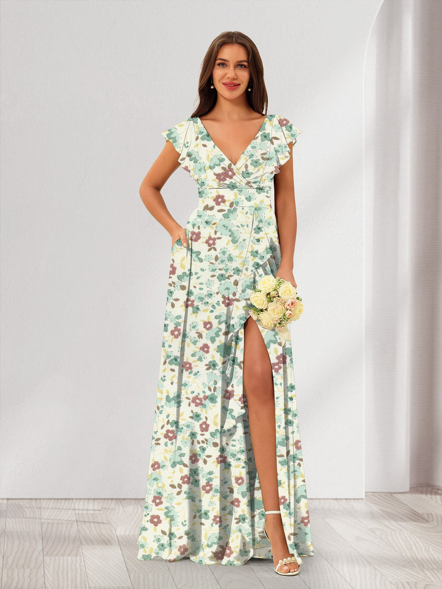 A-Line/Princess V-Neck Sleeveless Split Side Floral Bridesmaid Dresses