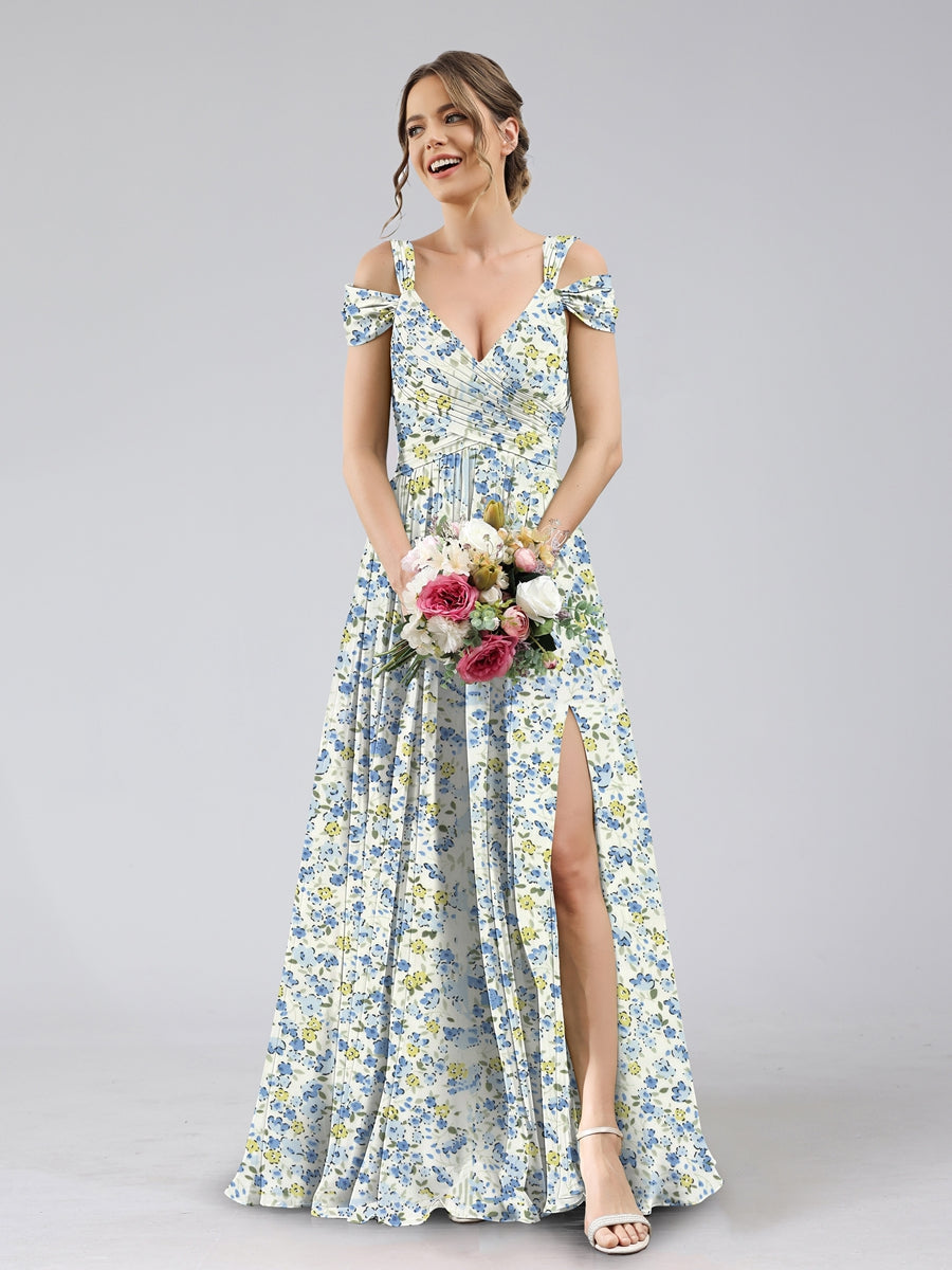 A-Line/Princess Cold Shoulder Short Sleeves Split Side Floral Bridesmaid Dresses