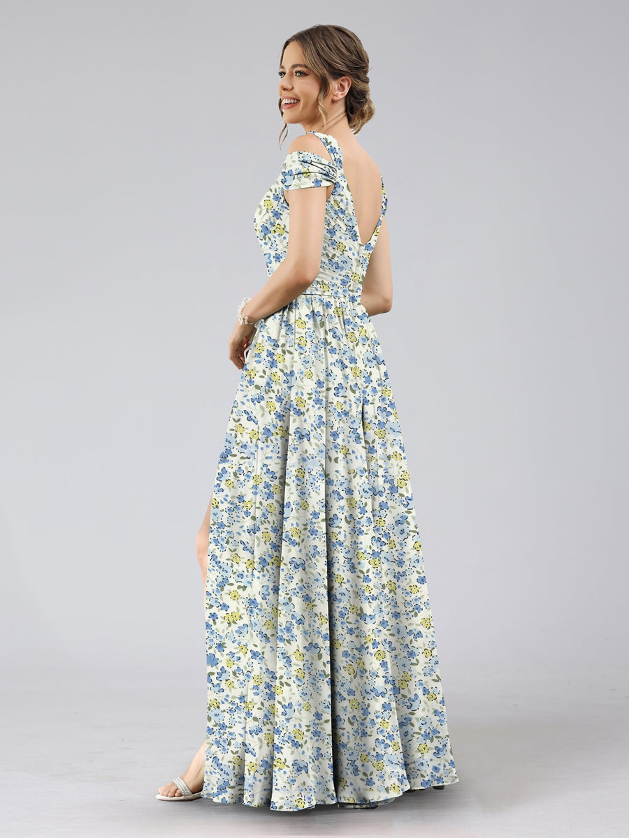 A-Line/Princess Cold Shoulder Short Sleeves Split Side Floral Bridesmaid Dresses