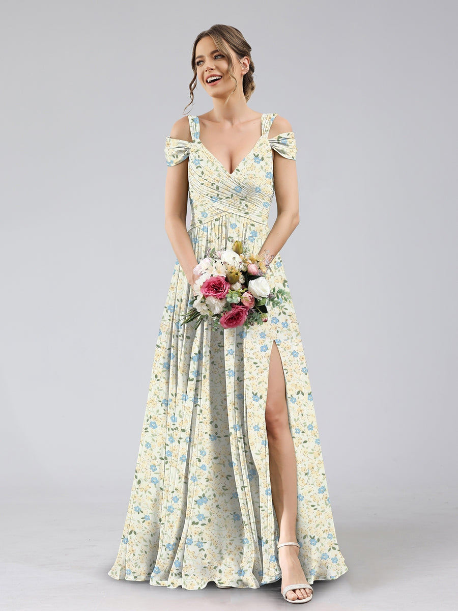 A-Line/Princess Cold Shoulder Short Sleeves Split Side Floral Bridesmaid Dresses