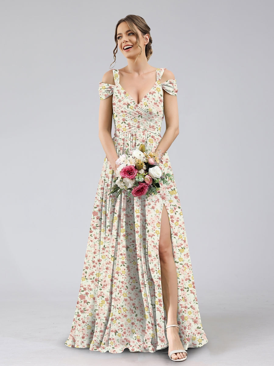 A-Line/Princess Cold Shoulder Short Sleeves Split Side Floral Bridesmaid Dresses