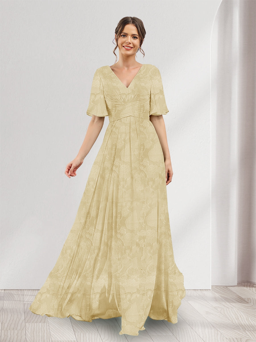 A-Line V-Neck Half Sleeves Split Side Floral Bridesmaid Dresses With Pockets