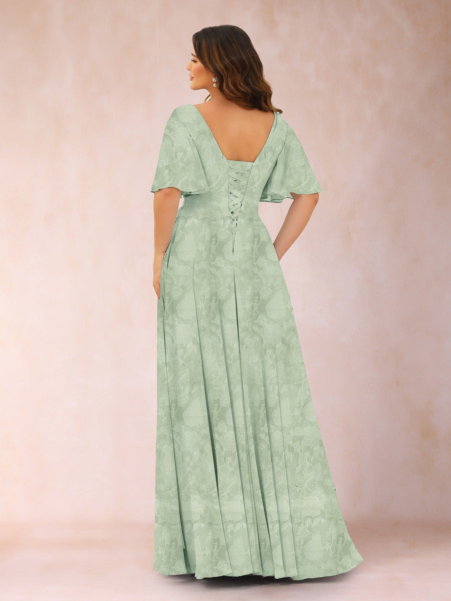 A-Line V-Neck Half Sleeves Split Side Floral Mother of the Bride Dresses With Pockets
