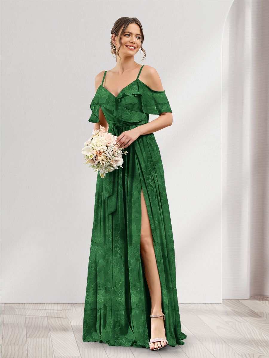 A-Line V-Neck Spaghetti Straps Floral Bridesmaid Dresses with Pockets