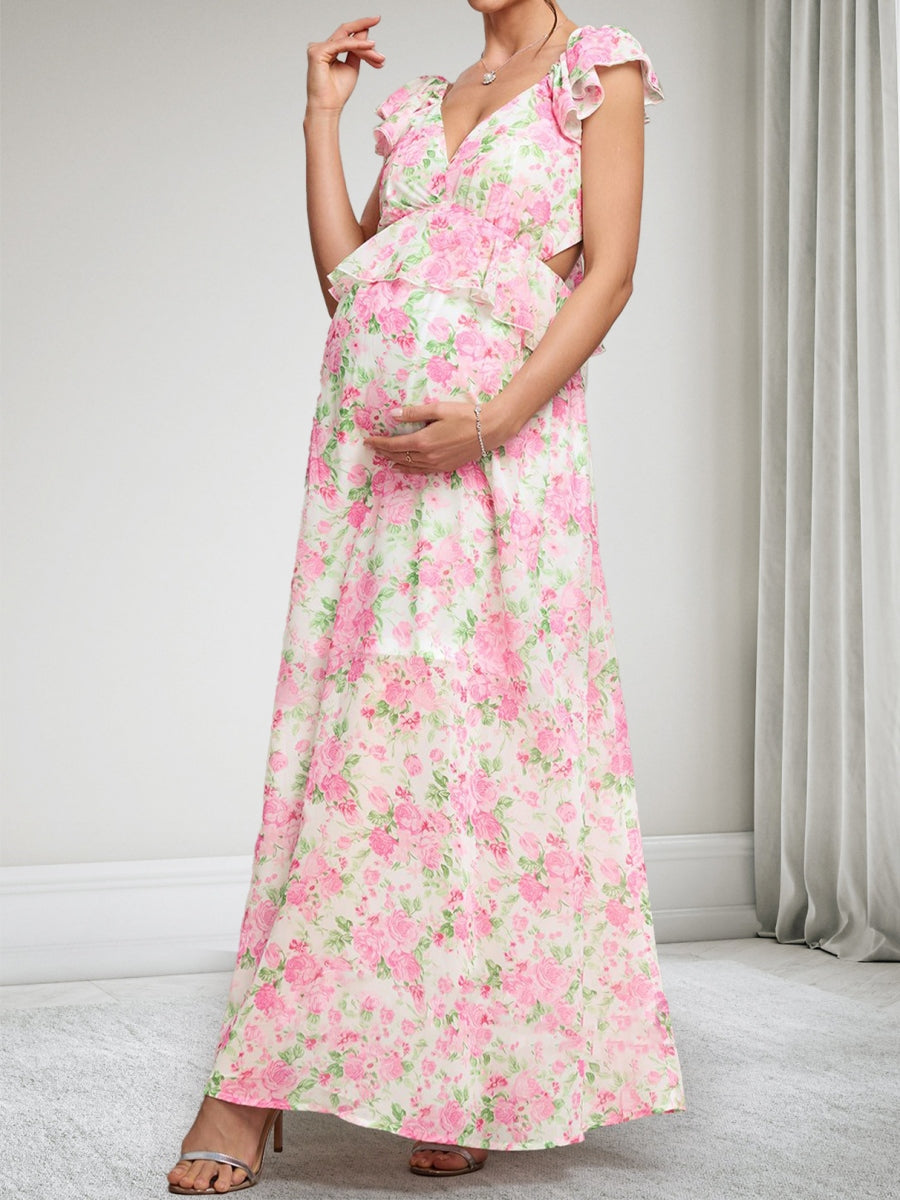 A-Line/Princess V-Neck Ankle-Length Printed Floral Baby Shower Dresses with Ruffles