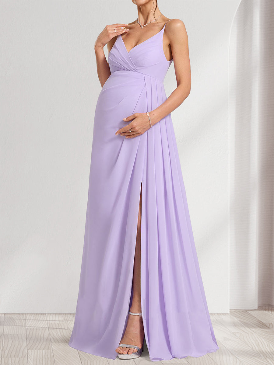A-Line/Princess Spaghetti Straps Ruched Elegant Baby Shower Bridesmaid Dresses with Split Side