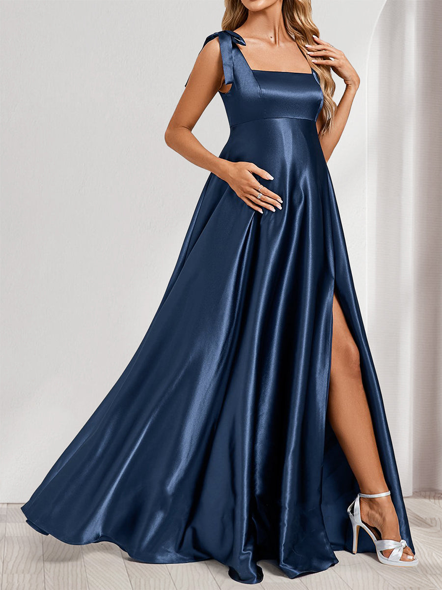 A-Line/Princess Square Neck Floor-Length Baby Shower Bridesmaid Dresses with Split Side & Pleats