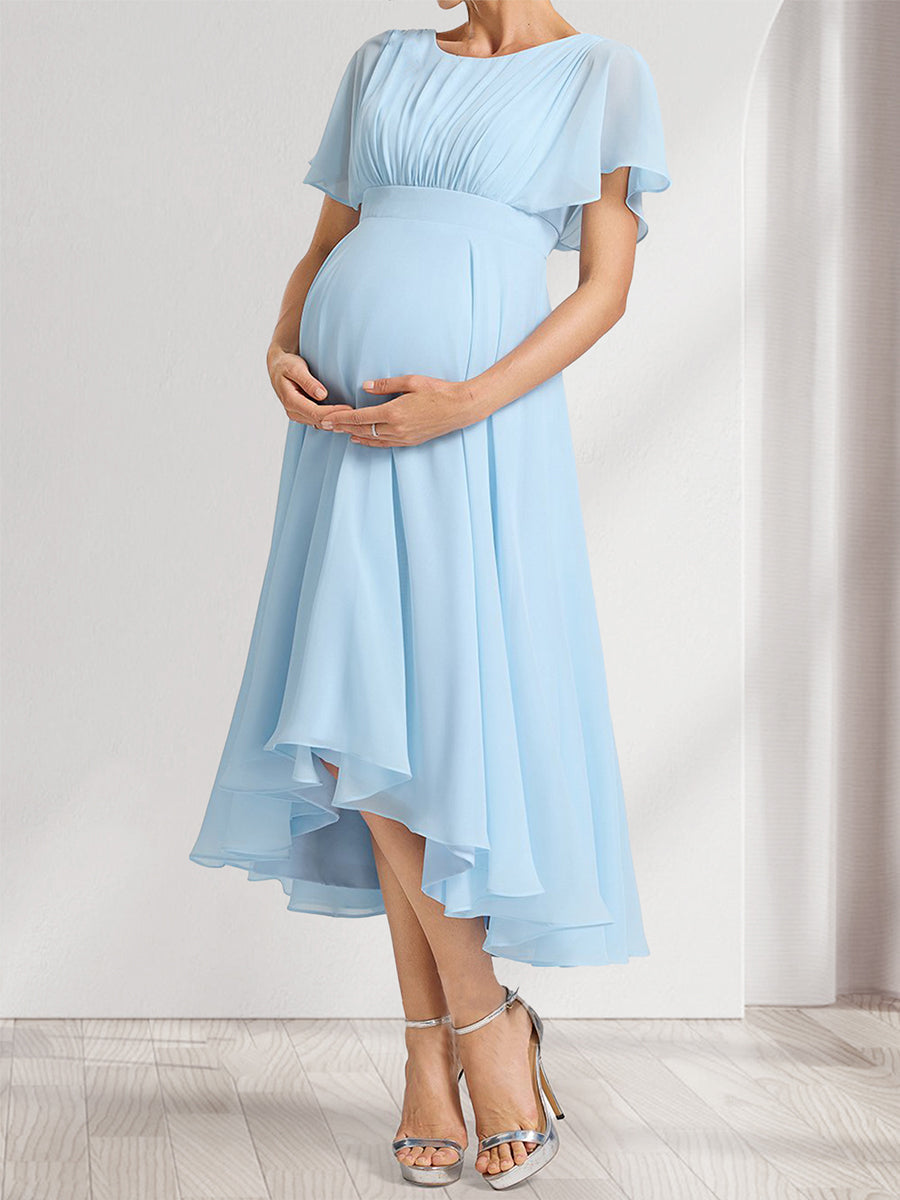 A-Line/Princess Scoop Short Sleeves Ruched Asymmetrical Baby Shower Bridesmaid Dresses with Ruffles