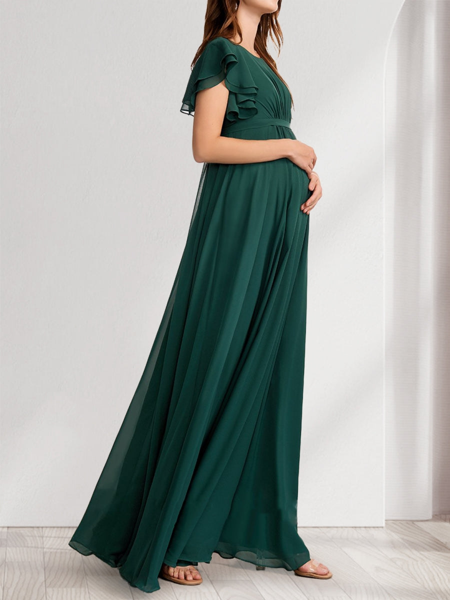 A-Line/Princess Scoop Short Sleeves Ruched Floor-Length Chiffon Baby Shower Bridesmaid Dresses