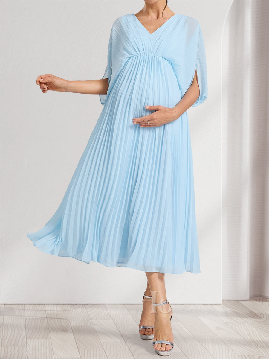A-Line/Princess V-Neck Half Sleeves Ruched Elegant Baby Shower Bridesmaid Dresses with Pleats