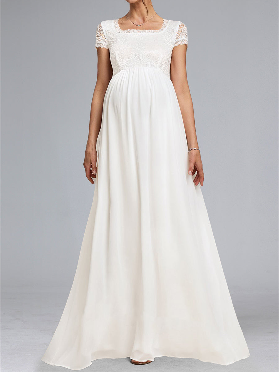 A-Line/Princess Square Neck Short Sleeves Long Appliques Baby Shower Wedding Dresses