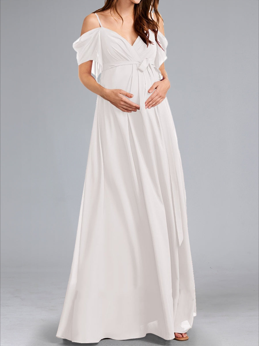 A-Line/Princess Cold Shoulder Ruched Floor-Length Baby Shower Wedding Dresses with Side Slit & Sash