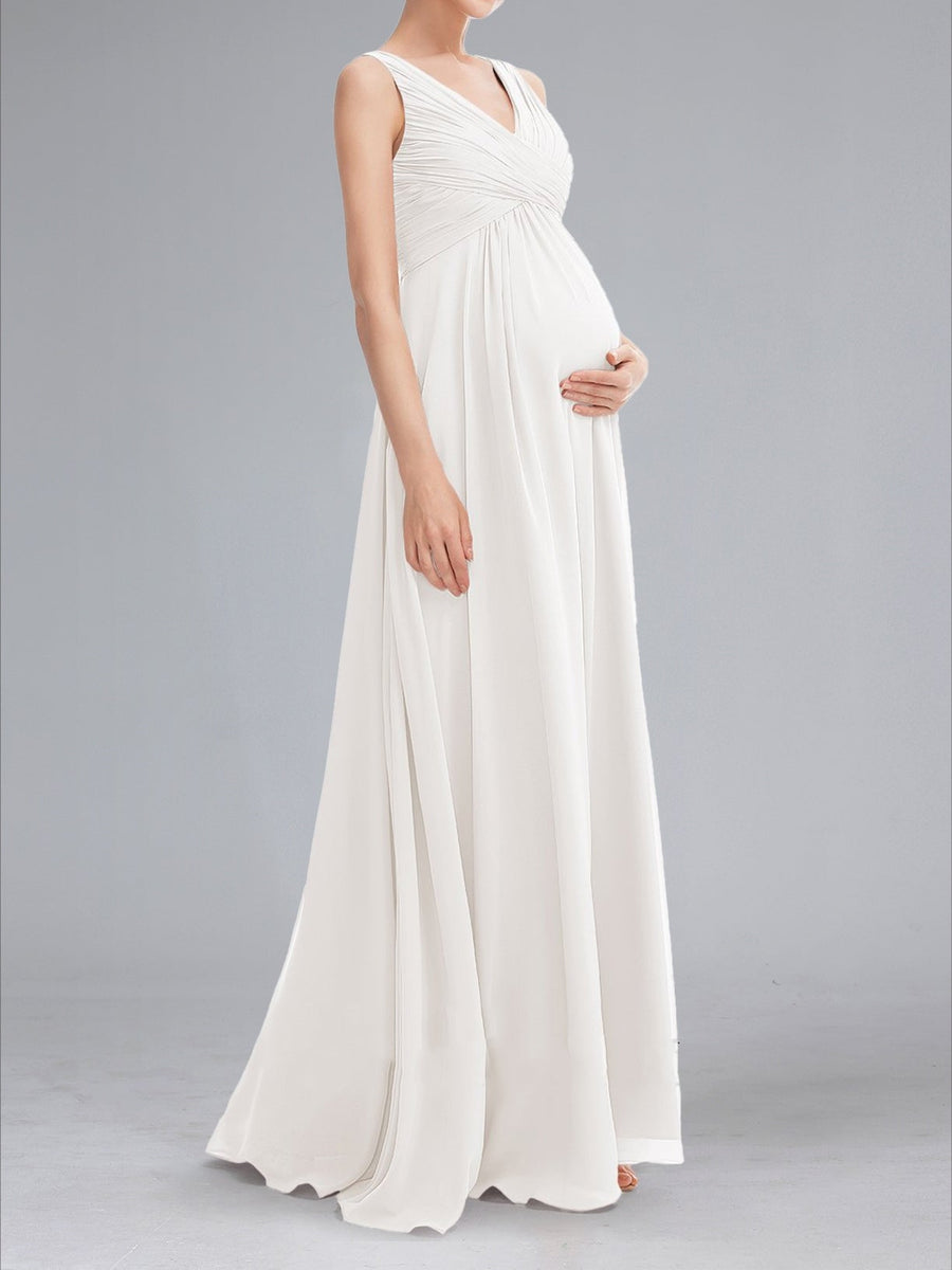 A-Line/Princess Ruched V-Neck Sleeveless Floor-Length Baby Shower Wedding Dresses with Pleats