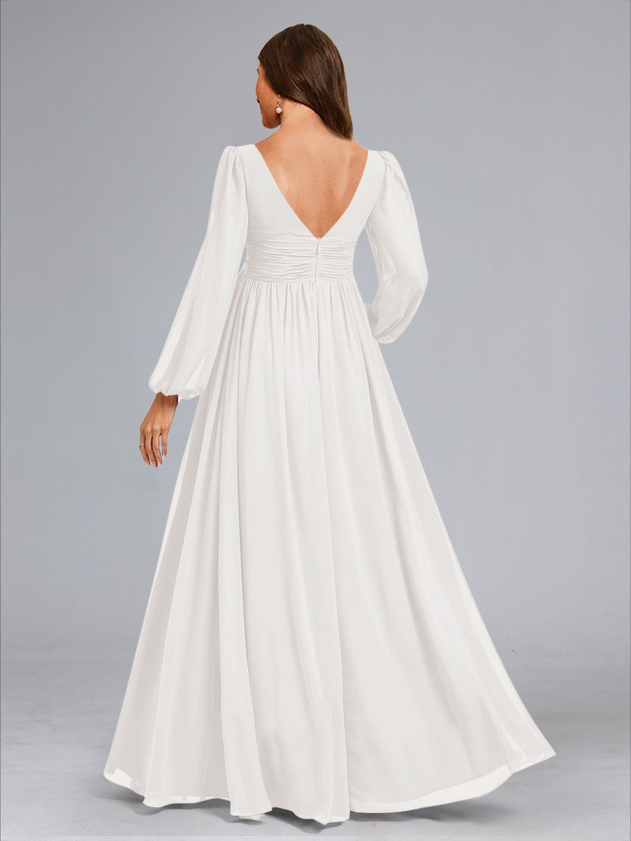 A-Line/Princess V-Neck Long Sleeves Ruched Floor-Length Baby Shower Wedding Dresses with Side Slit & Ruffles