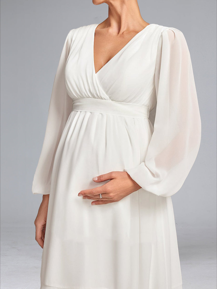 A-Line/Princess V-Neck Tea-Length Long Sleeves Chiffon Baby Shower Wedding Dresses with Bowknot