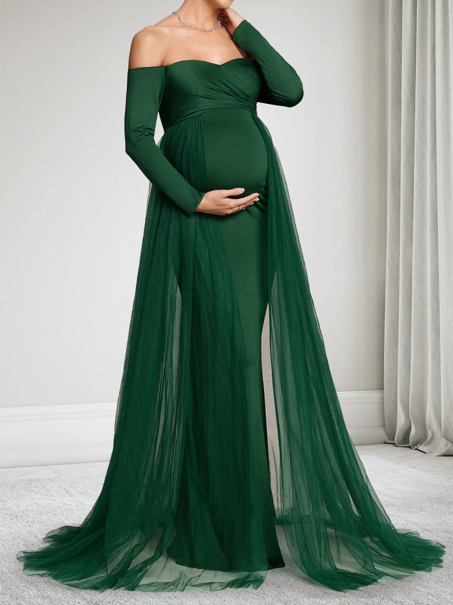 Sheath/Cloumn Off-the-Shoulder Long Sleeves Floor Length Baby Shower Wedding Guest Dresses with Waist Cape