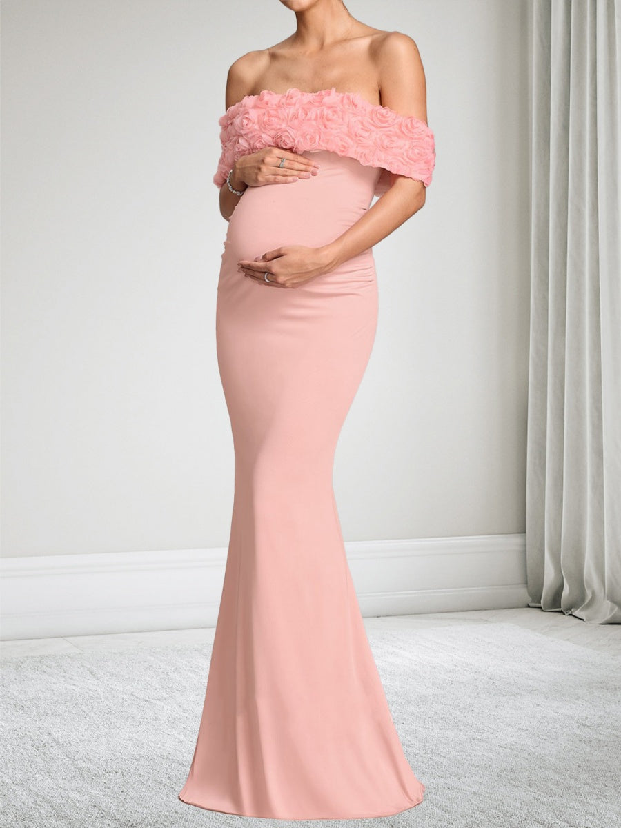 Trumpet/Mermaid Off-the-Shoulder Floor-Length Baby Shower Wedding Guest Dresses with 3D Floral