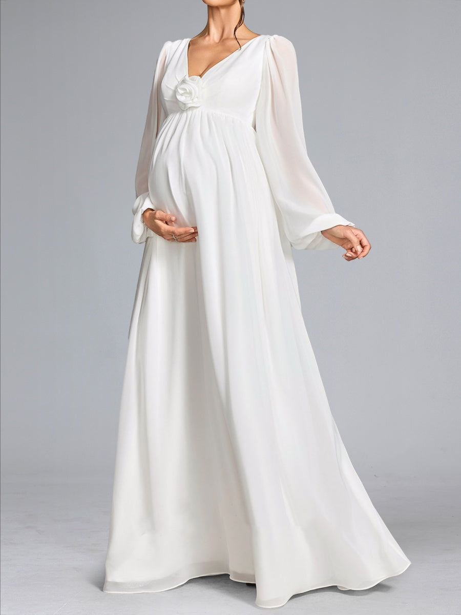 A-Line/Princess V-Neck Long Sleeves Floor-Length Chiffon Baby Shower Wedding Guest Dresses with 3D Floral