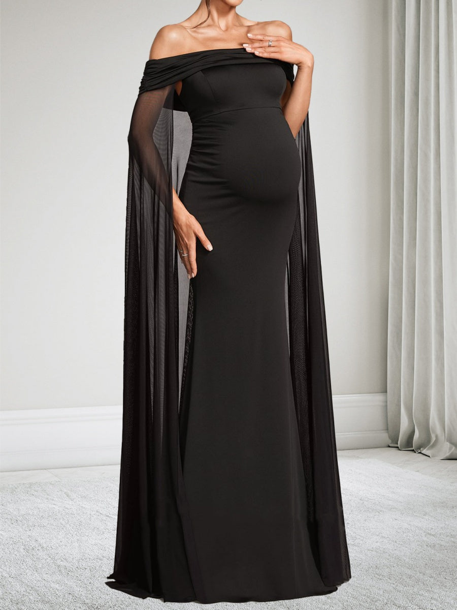 Trumpet/Mermaid Off-the-Shoulder Floor-Length Chiffon Baby Shower Wedding Guest Dresses with Cape