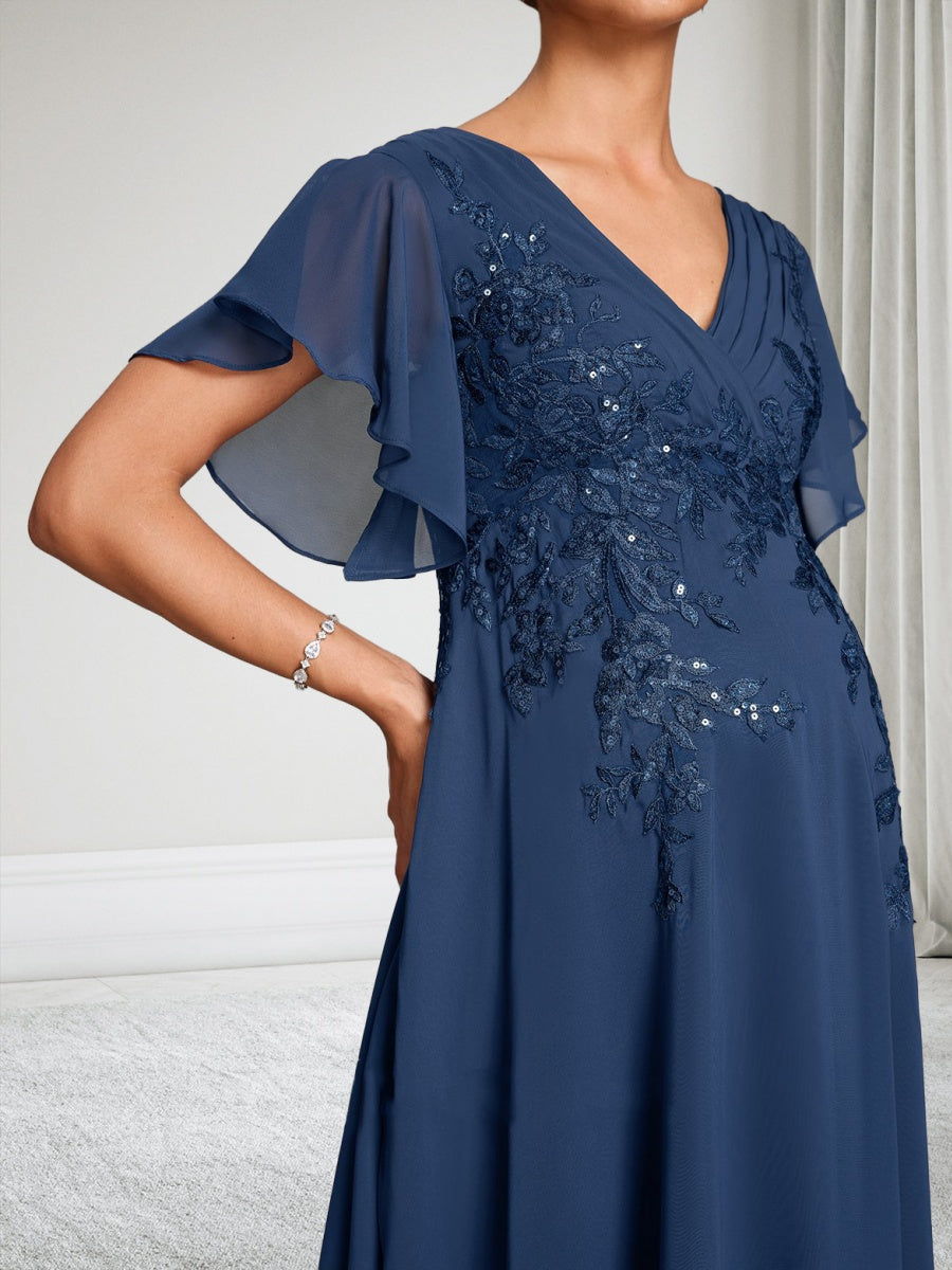 A-Line/Princess V-Neck Short Sleeves Chiffon Floor-Length Baby Shower Wedding Guest Dresses with Appliques