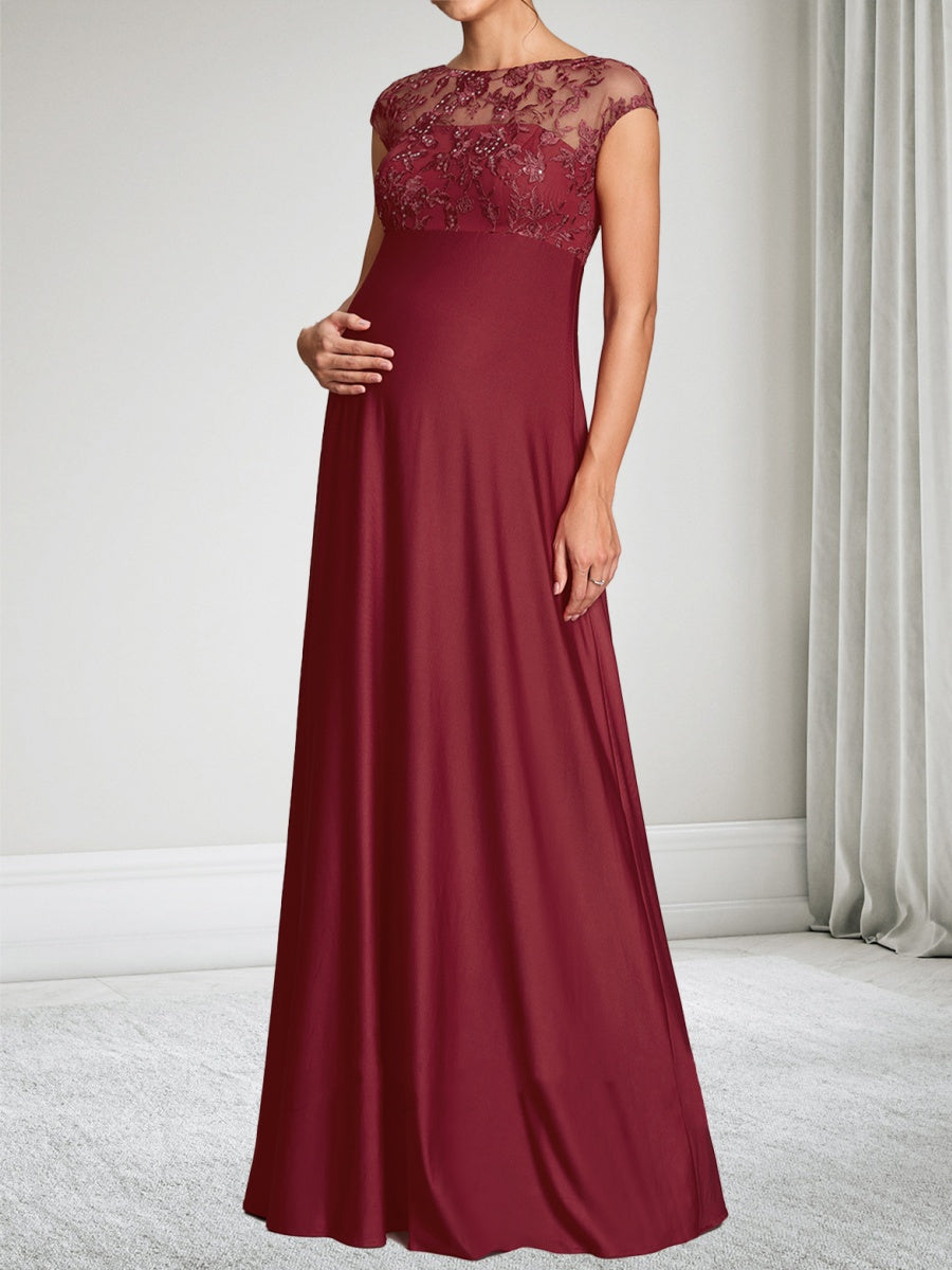A-Line/Princess Boat Neck Cap Sleeves Floor-Length Baby Shower Wedding Guest Dresses with Lace