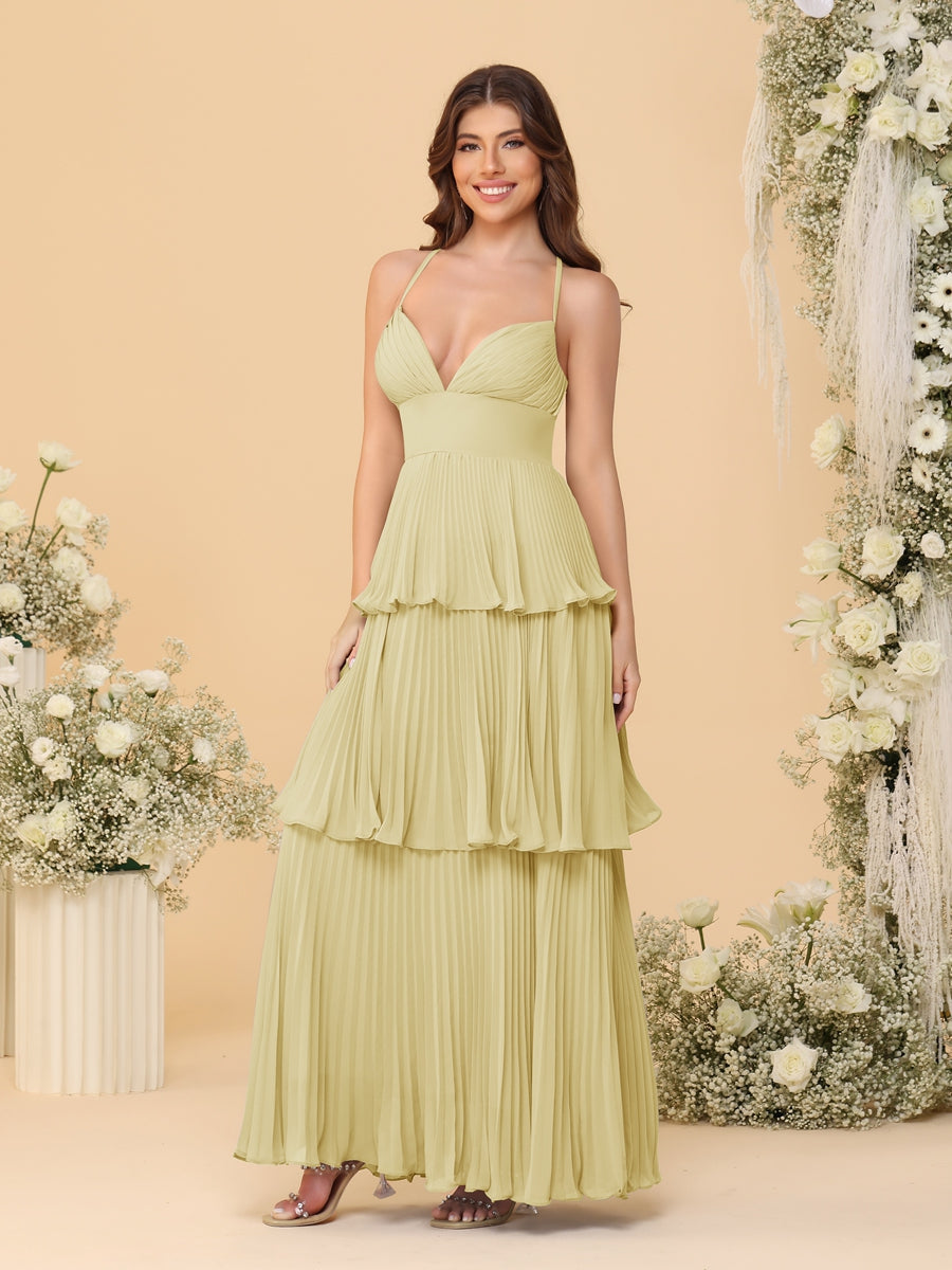 A-Line/Princess Spaghetti Straps Sleeveless Floor-Length Tiered Bridesmaid Dresses With Pleats