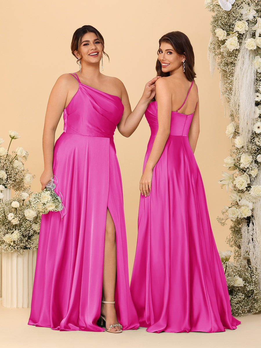 A-Line/Princess Spaghetti Straps Sleeveless Long Ruched Bridesmaid Dresses With Split Side