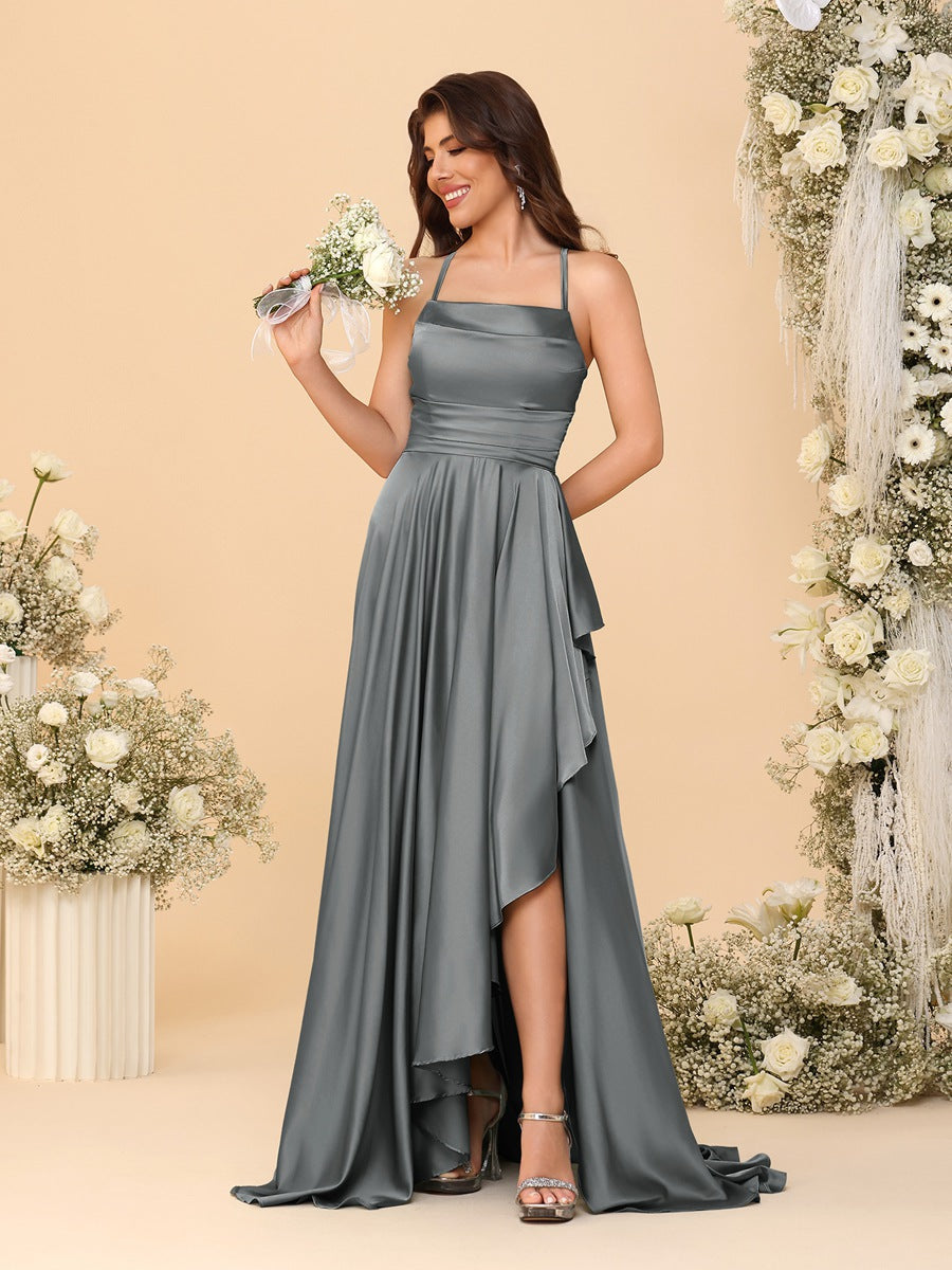 A-Line/Princess Spaghetti Straps Sleeveless Sweep Train Bridesmaid Dresses With Split Side