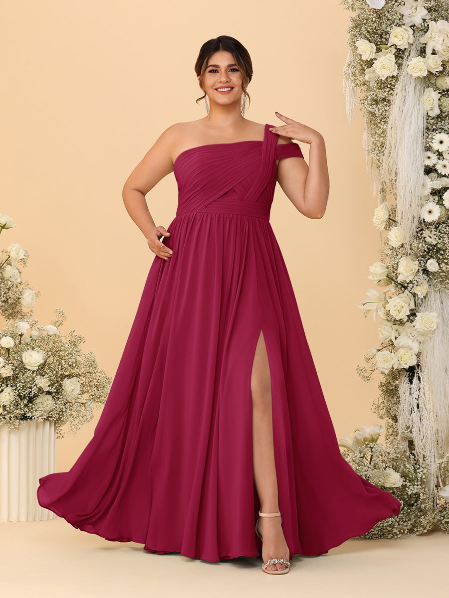 A-Line/Princess One-Shoulder Sleeveless Floor-Length Ruched Plus Size Bridesmaid Dresses With Side Slit