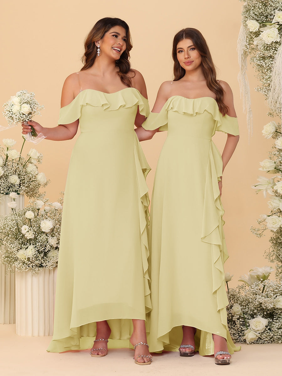 A-Line/Princess Off-the-Shoulder Spaghetti Straps Sleeveless Bridesmaid Dresses with Ruffles