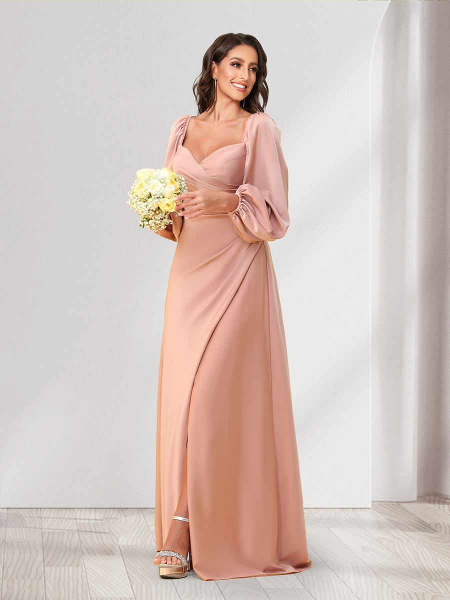A-Line/Princess Sweetheart Long Sleeves Floor-Length Ruched Bridesmaid Dresses With Split Side