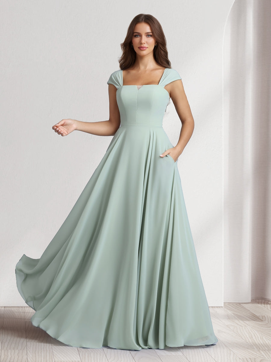 A-Line/Princess Square Neck Floor-Length Bridesmaid Dresses With Pockets