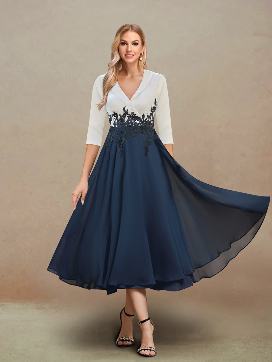 Lavetir A-Line/Princess V-Neck Half Sleeves Tea-Length Evening Dresses with Appliques A22441663 - Lavetir AU Lavetir A-Line/Princess V-Neck Half Sleeves Tea-Length Evening Dresses with Appliques A22441663 - Lavetir AU