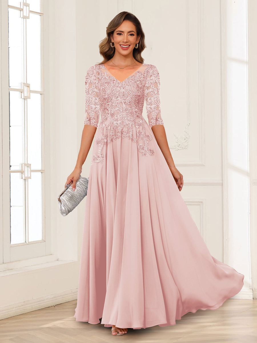 A-Line/Princess V-Neck Long Sleeves Chiffon Mother of the Bride Dresses with Applique