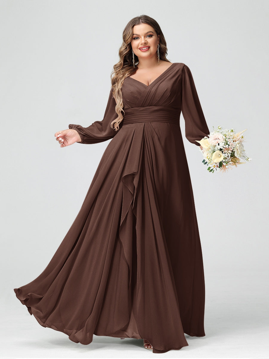 A-Line/Princess V-Neck Long Sleeves Chiffon Ruffles Plus Size Bridesmaid Dresses with Pockets