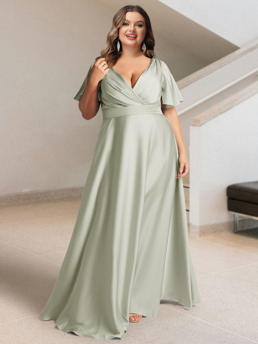Lavetir A-Line/Princess V-Neck Short Sleeves Silk Satin Plus Size Bridesmaid Dresses with Pockets A9658009 - Lavetir AU Lavetir A-Line/Princess V-Neck Short Sleeves Silk Satin Plus Size Bridesmaid Dresses with Pockets A9658009 - Lavetir AU